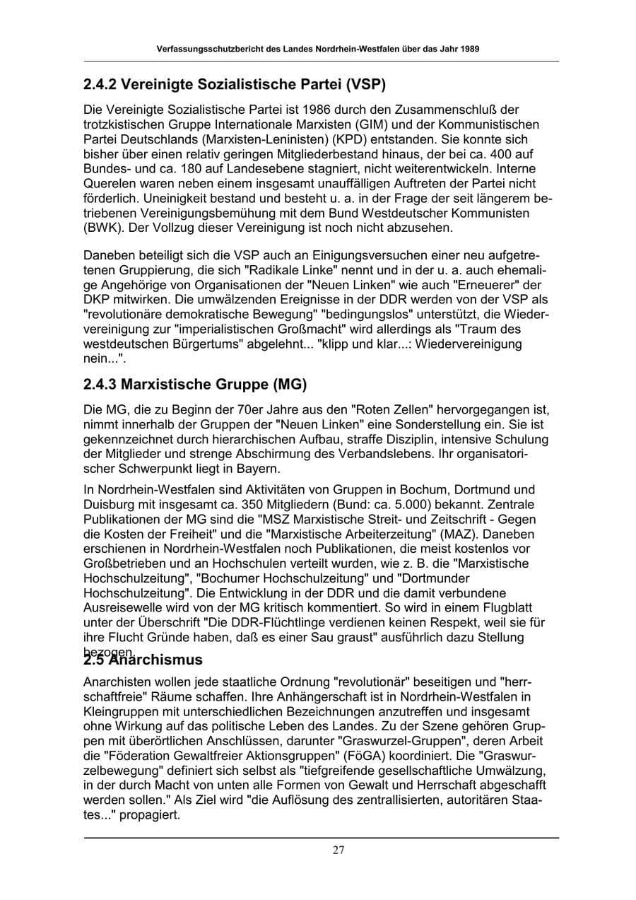 Seite 27 des Verfassungsschutzbericht 1989 Nordrhein-Westfalen