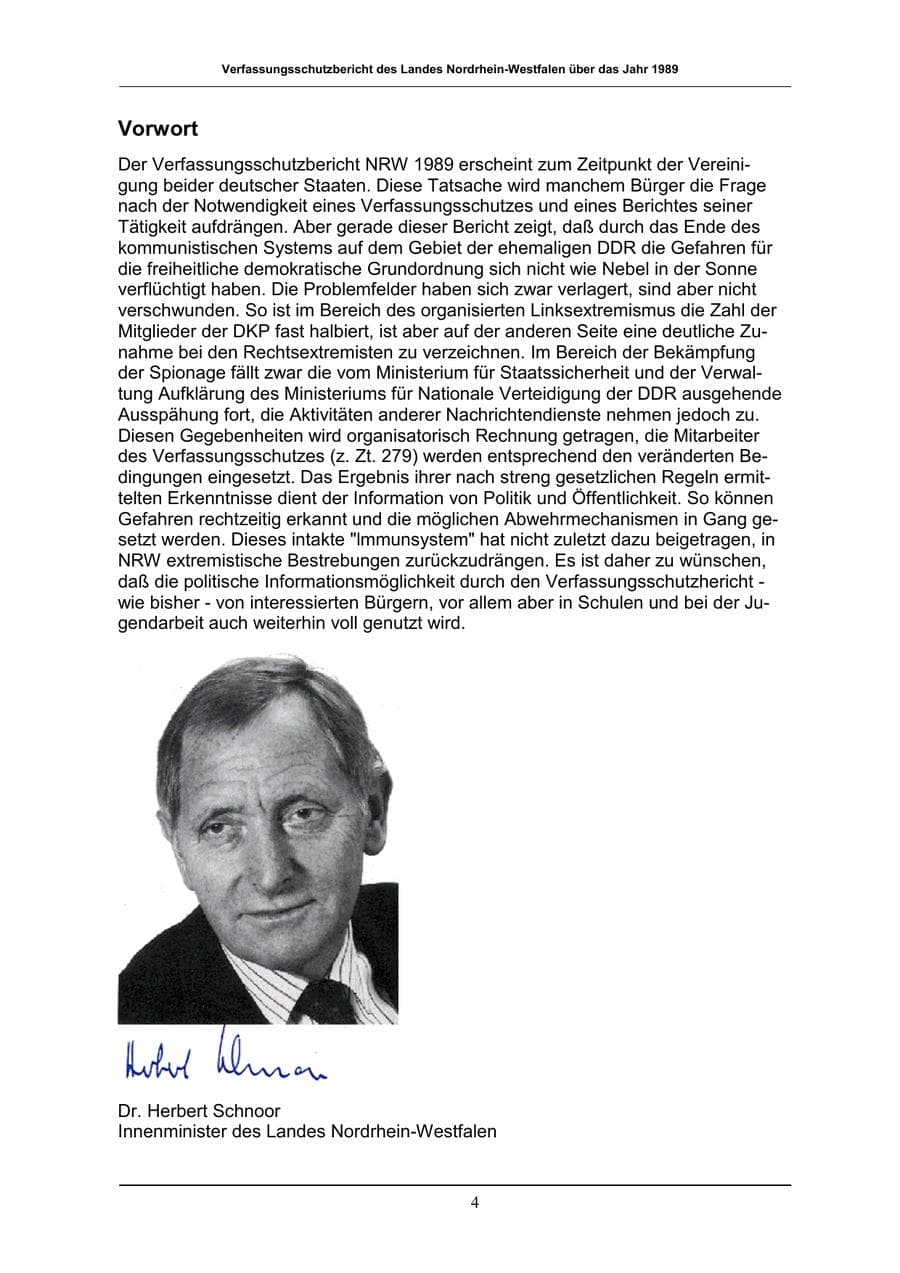 Seite 4 des Verfassungsschutzbericht 1989 Nordrhein-Westfalen