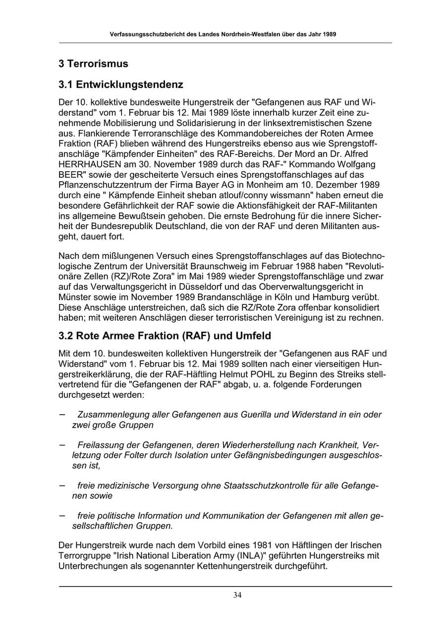 Seite 34 des Verfassungsschutzbericht 1989 Nordrhein-Westfalen