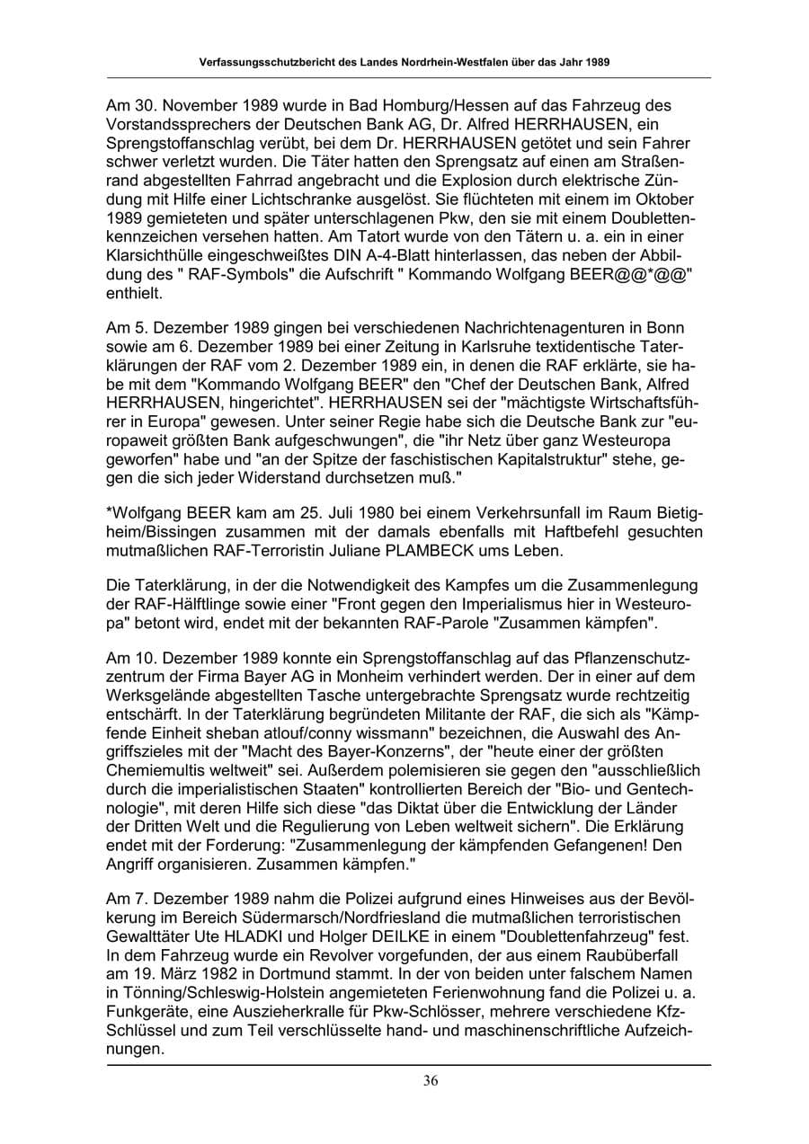Seite 36 des Verfassungsschutzbericht 1989 Nordrhein-Westfalen