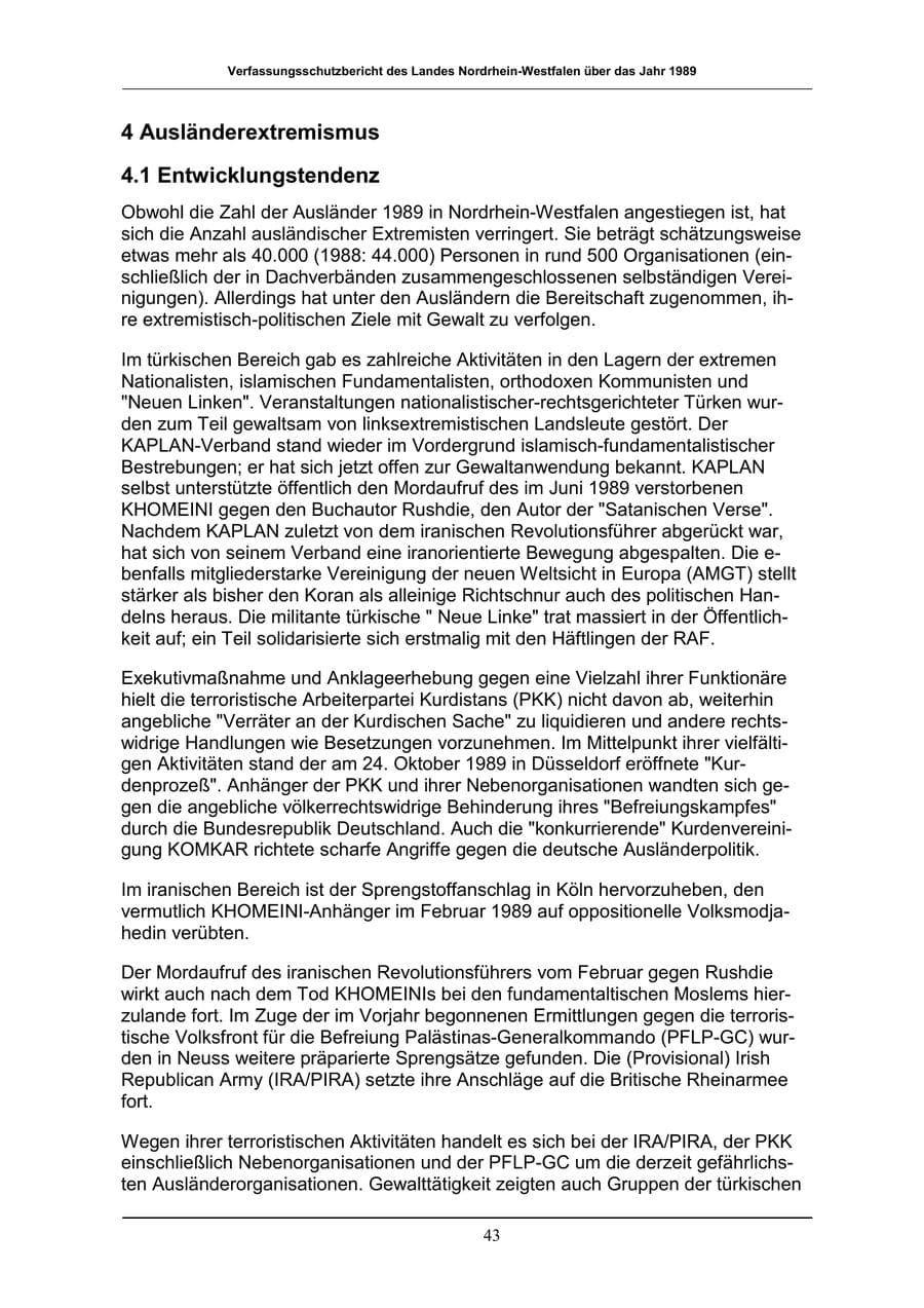 Seite 43 des Verfassungsschutzbericht 1989 Nordrhein-Westfalen