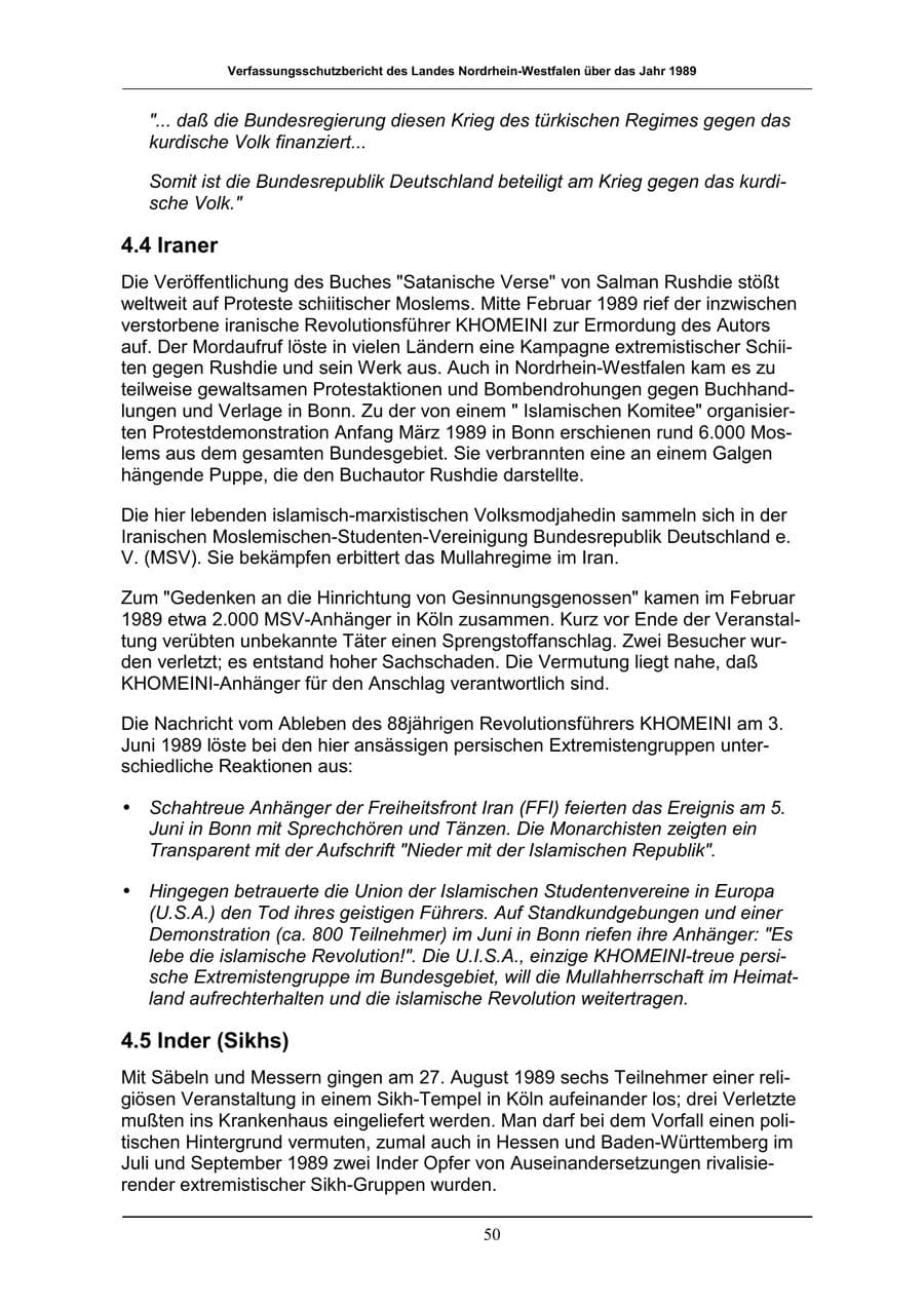 Seite 50 des Verfassungsschutzbericht 1989 Nordrhein-Westfalen