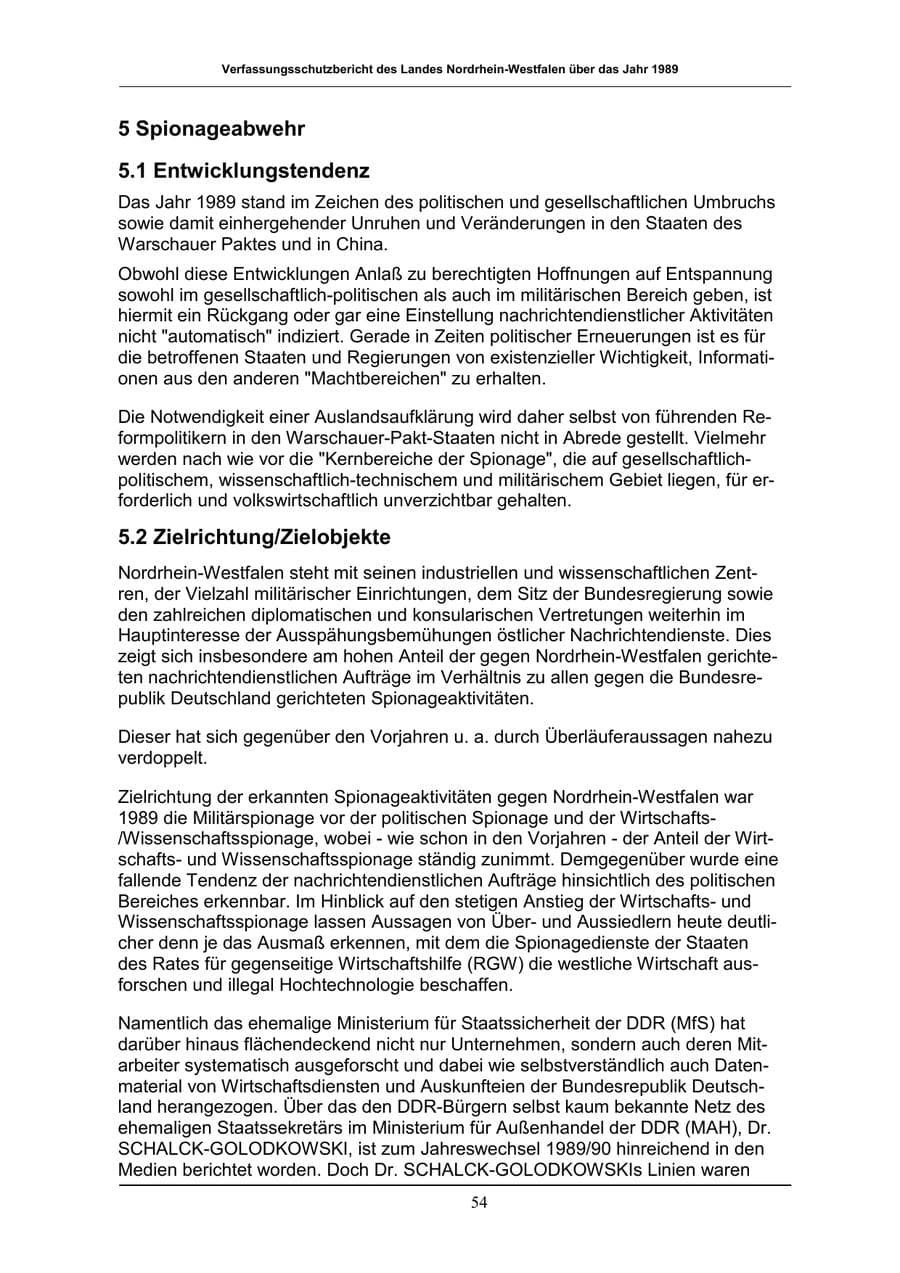 Seite 54 des Verfassungsschutzbericht 1989 Nordrhein-Westfalen