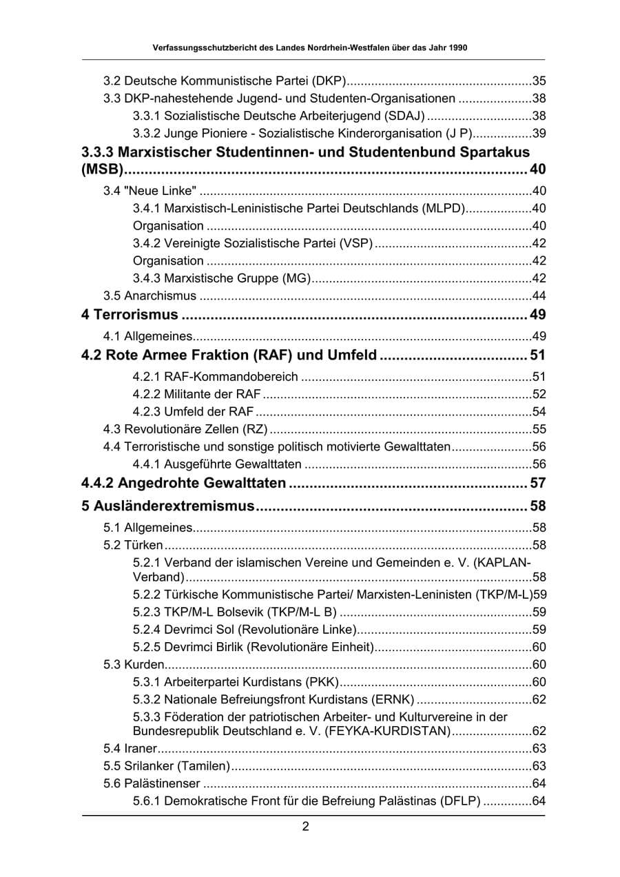 Seite 2 des Verfassungsschutzbericht 1990 Nordrhein-Westfalen