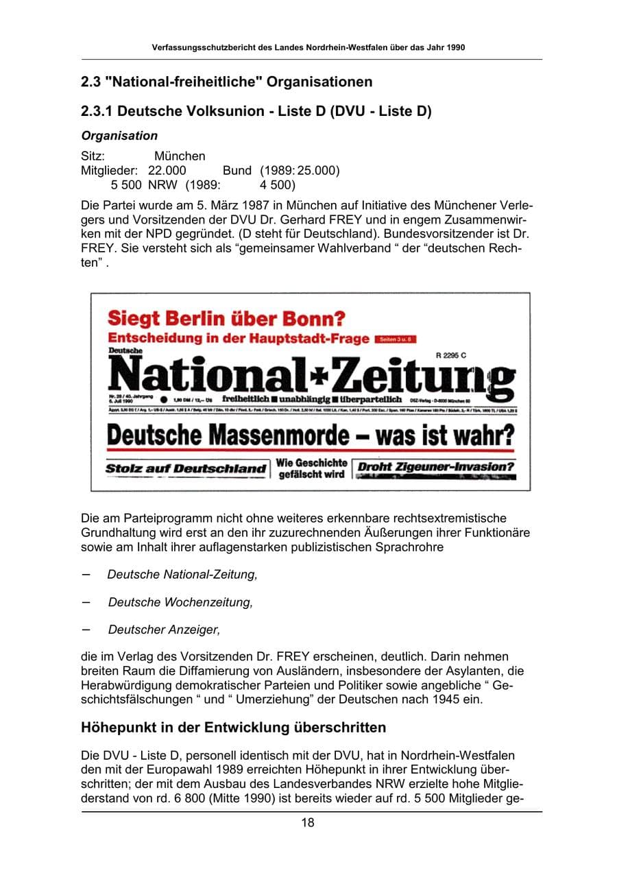 Seite 18 des Verfassungsschutzbericht 1990 Nordrhein-Westfalen