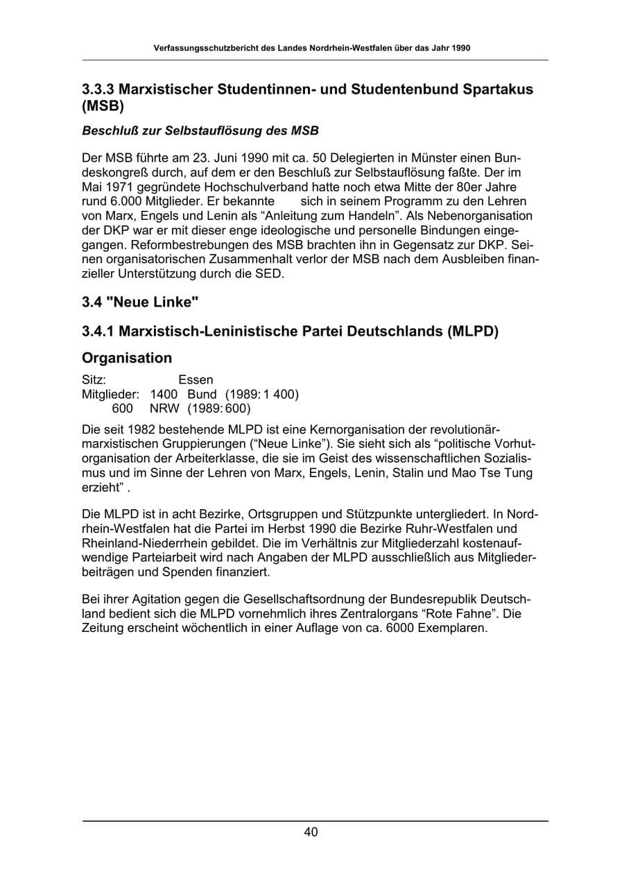 Seite 40 des Verfassungsschutzbericht 1990 Nordrhein-Westfalen