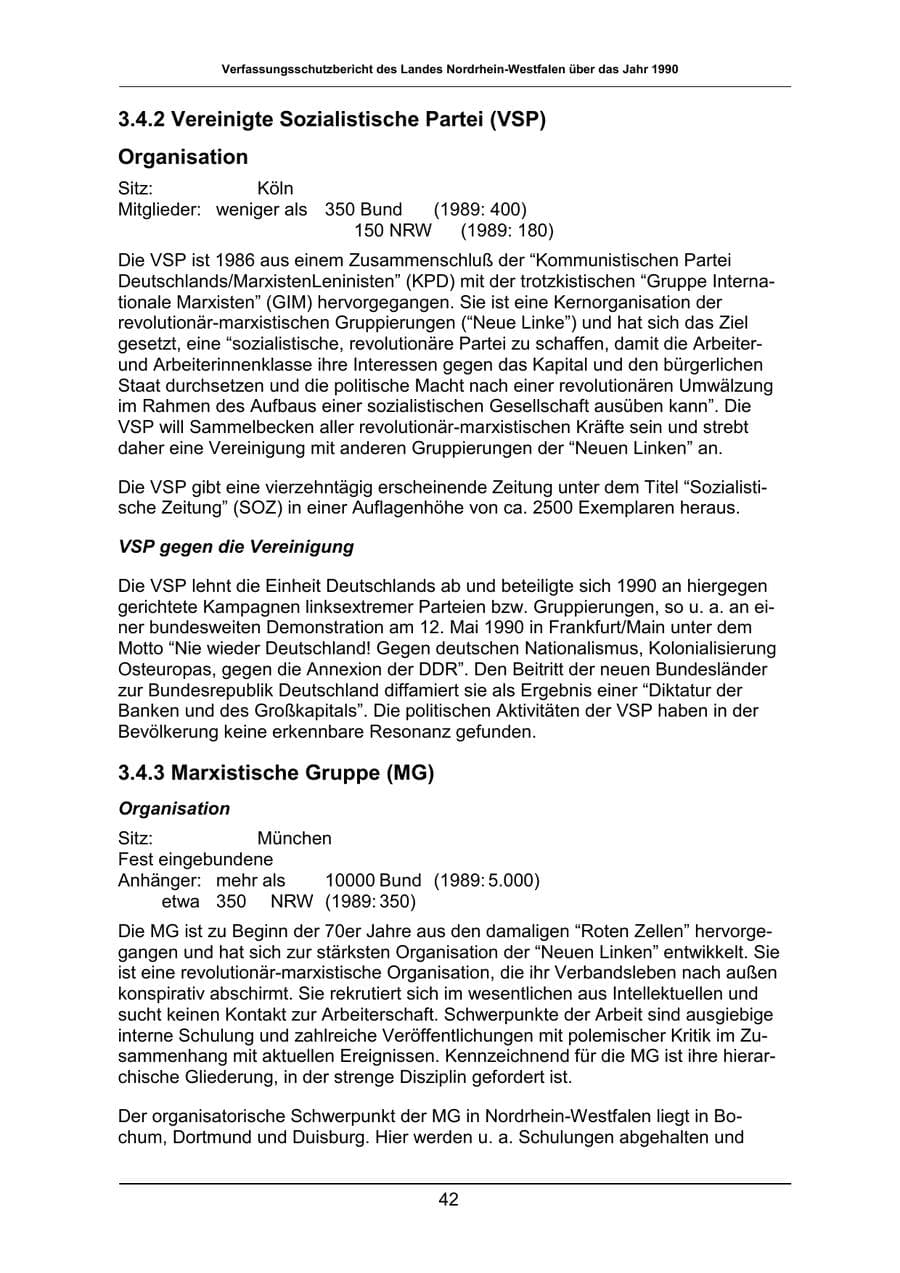 Seite 42 des Verfassungsschutzbericht 1990 Nordrhein-Westfalen