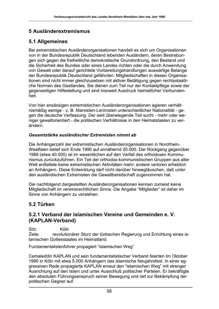 Seite 58 des Verfassungsschutzbericht 1990 Nordrhein-Westfalen
