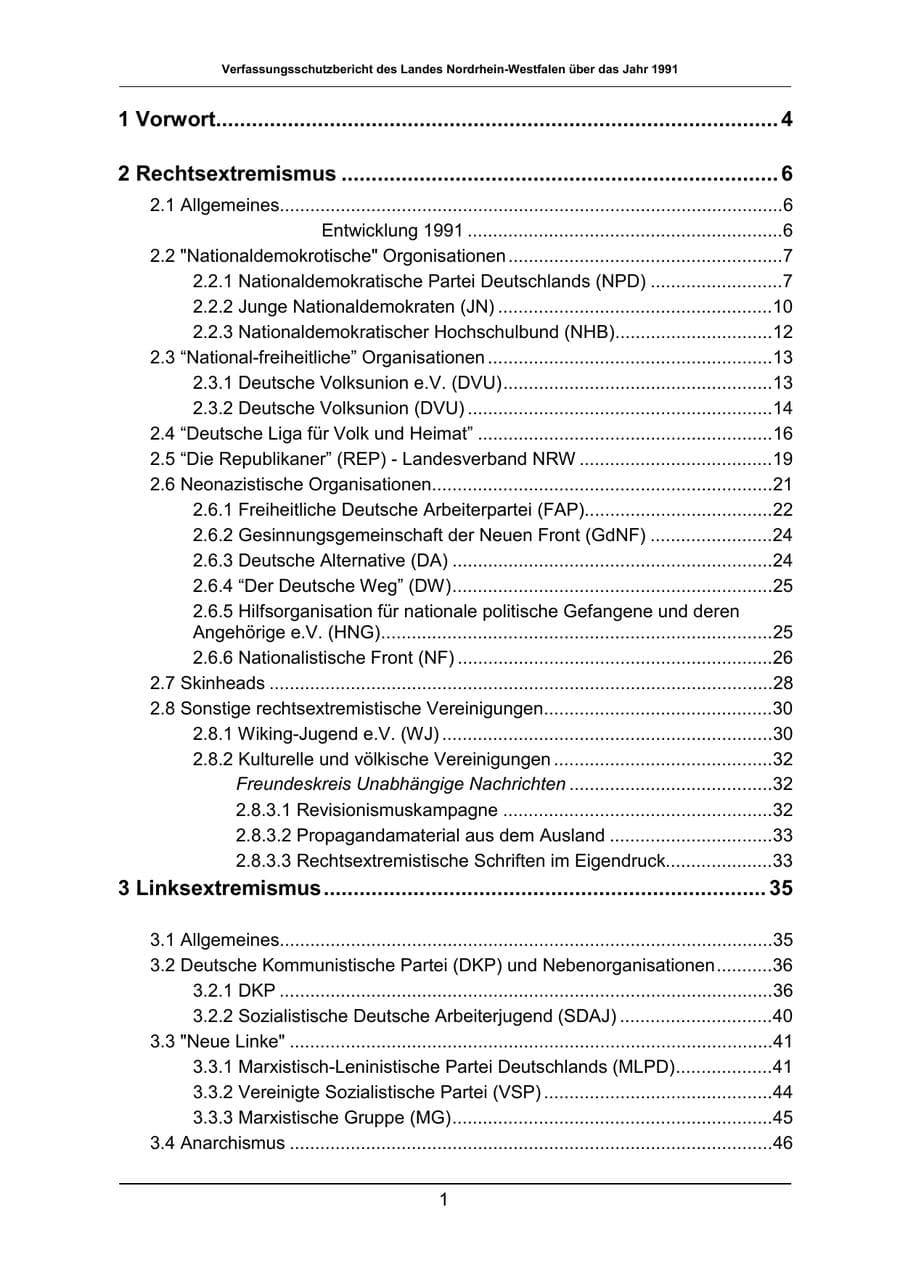 Seite 1 des Verfassungsschutzbericht 1991 Nordrhein-Westfalen