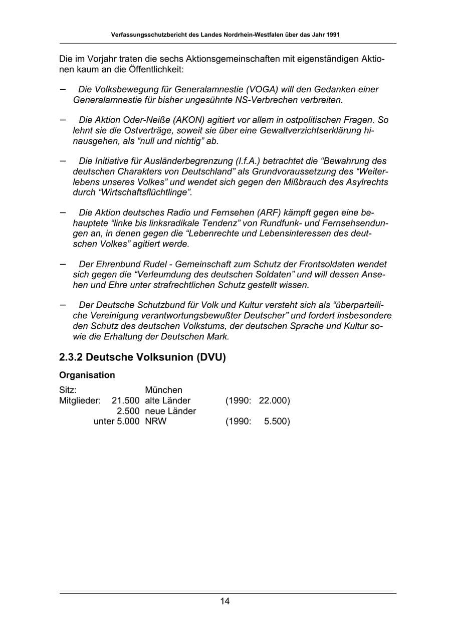 Seite 14 des Verfassungsschutzbericht 1991 Nordrhein-Westfalen