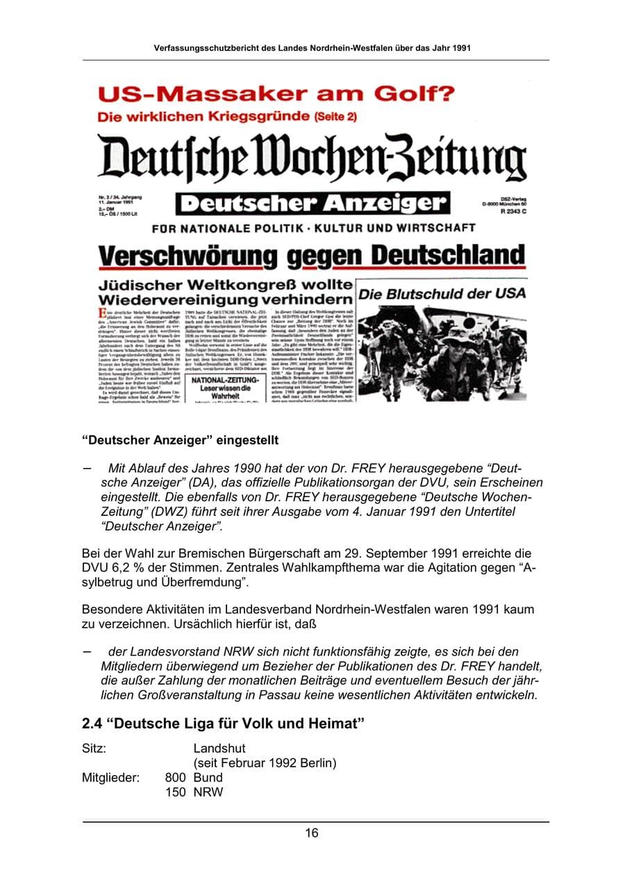Seite 16 des Verfassungsschutzbericht 1991 Nordrhein-Westfalen