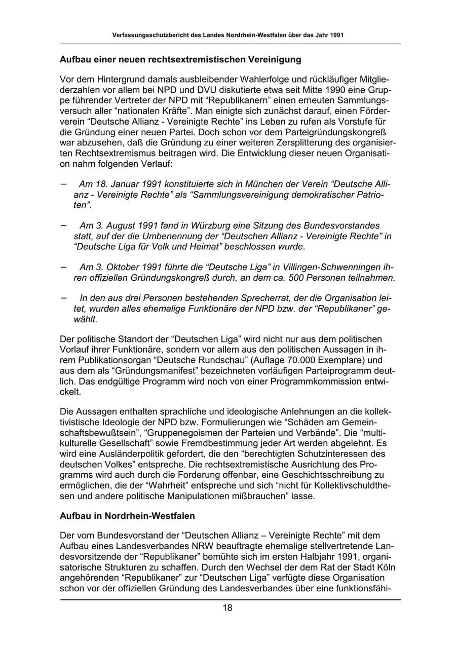 Seite 18 des Verfassungsschutzbericht 1991 Nordrhein-Westfalen