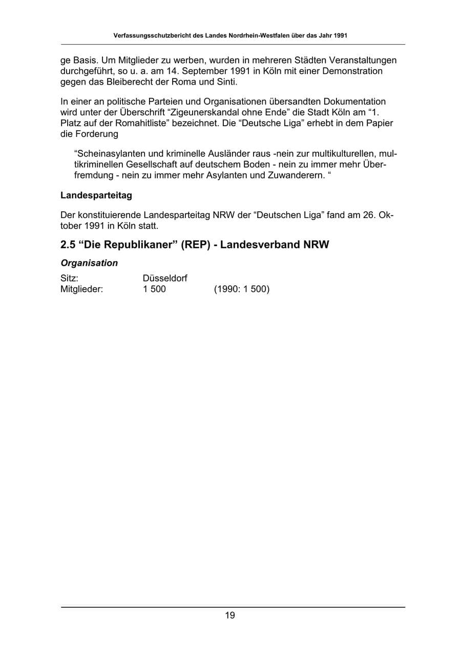 Seite 19 des Verfassungsschutzbericht 1991 Nordrhein-Westfalen