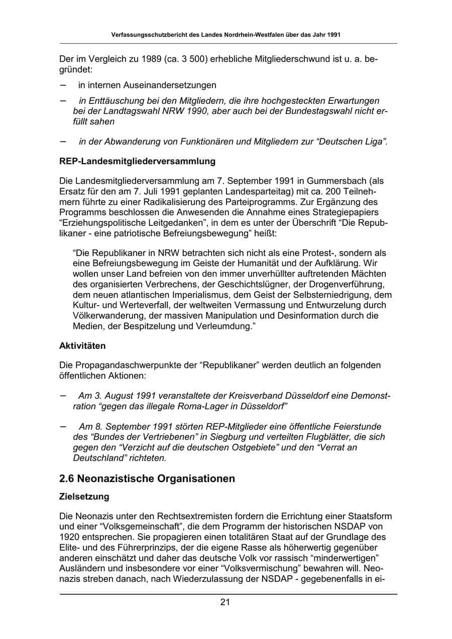 Seite 21 des Verfassungsschutzbericht 1991 Nordrhein-Westfalen