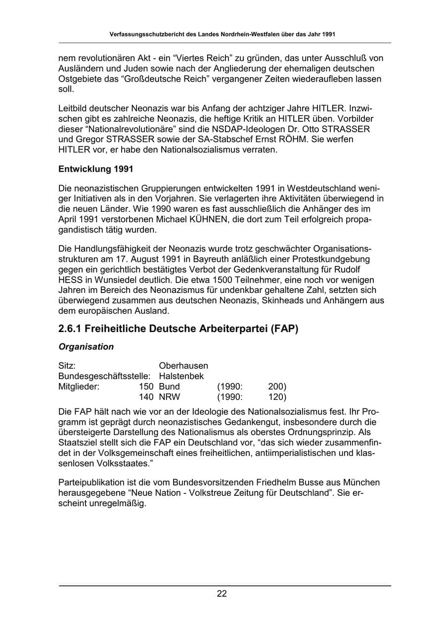 Seite 22 des Verfassungsschutzbericht 1991 Nordrhein-Westfalen
