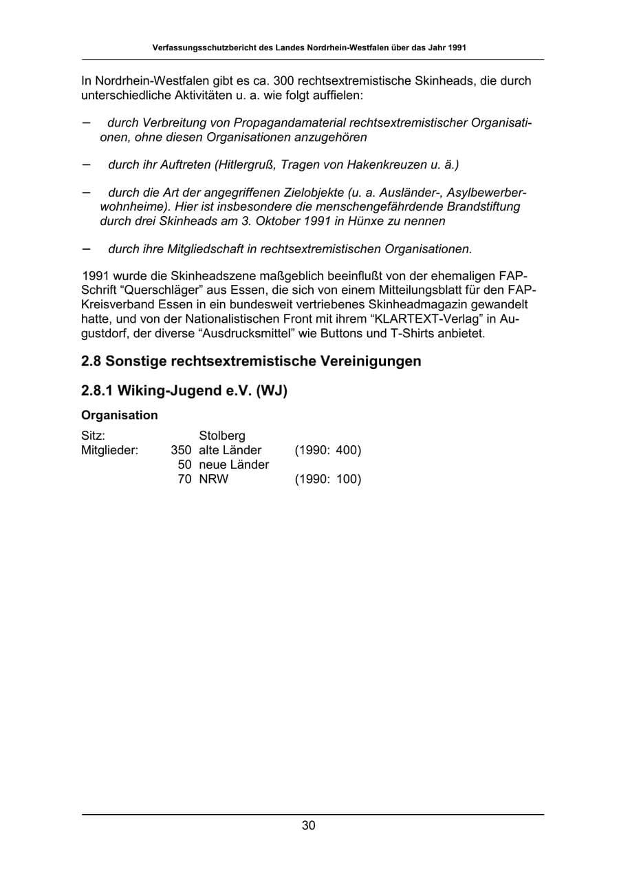 Seite 30 des Verfassungsschutzbericht 1991 Nordrhein-Westfalen