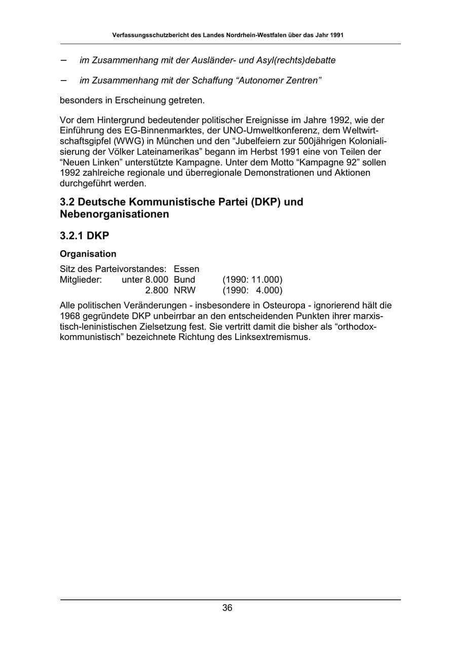 Seite 36 des Verfassungsschutzbericht 1991 Nordrhein-Westfalen