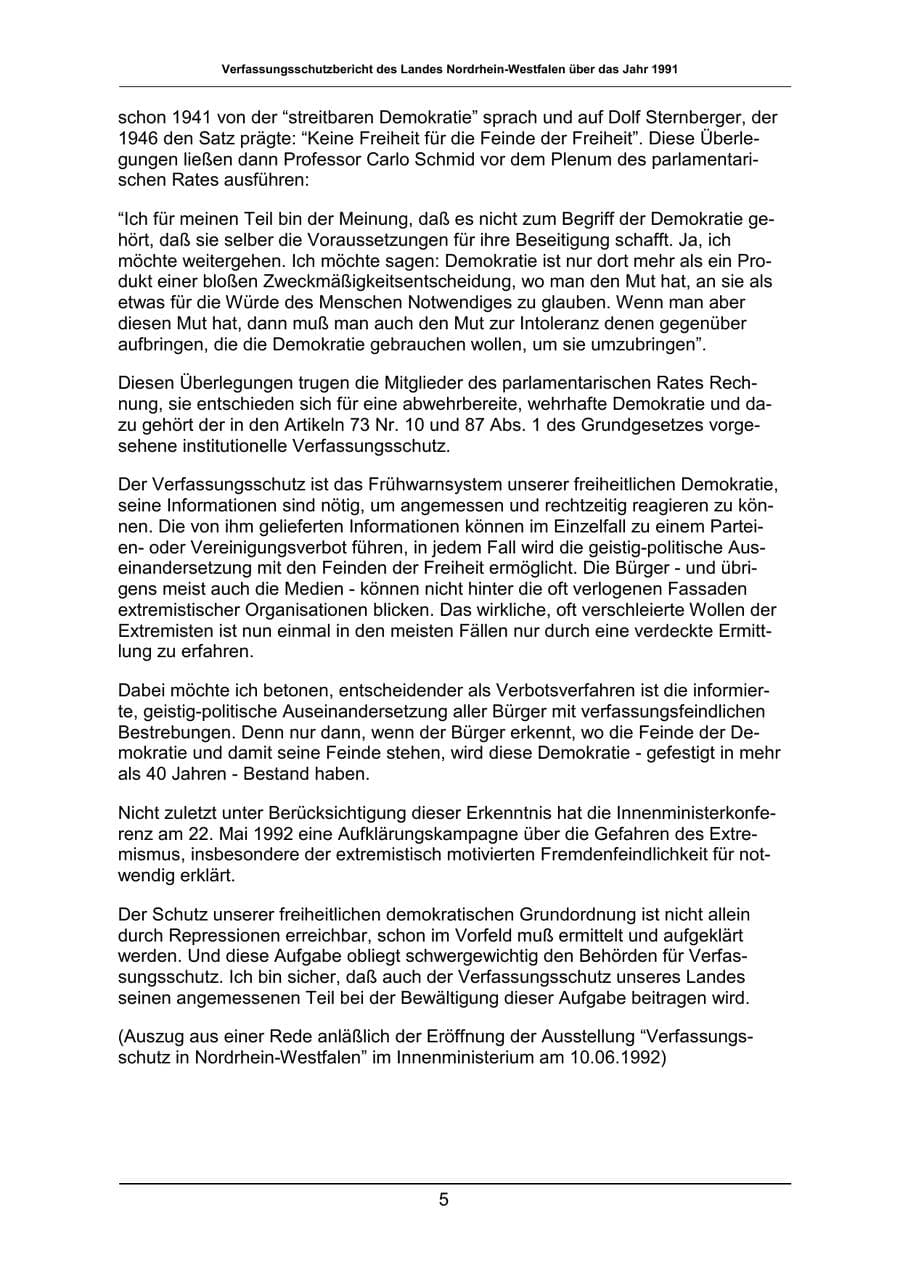 Seite 5 des Verfassungsschutzbericht 1991 Nordrhein-Westfalen