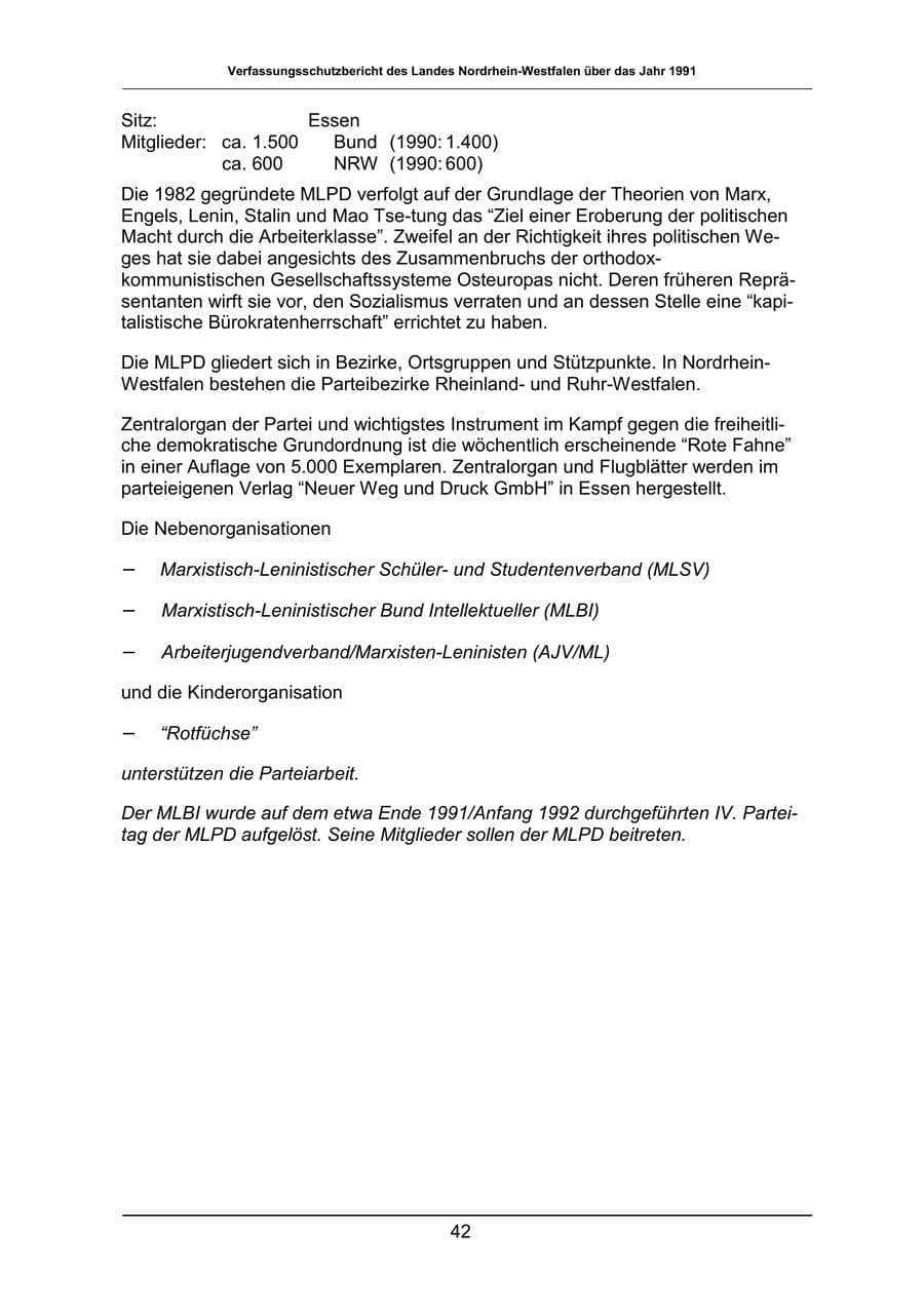 Seite 42 des Verfassungsschutzbericht 1991 Nordrhein-Westfalen