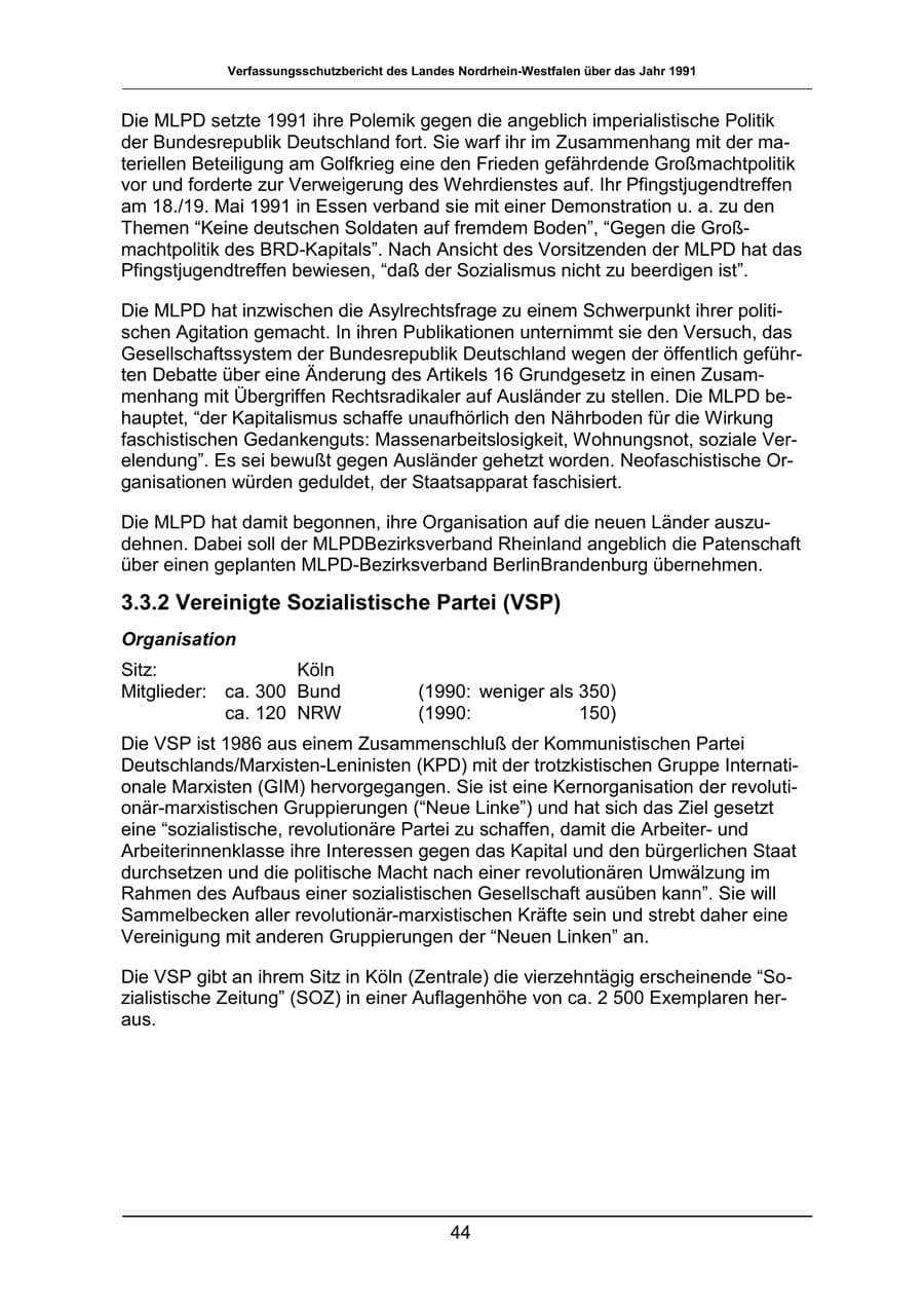 Seite 44 des Verfassungsschutzbericht 1991 Nordrhein-Westfalen