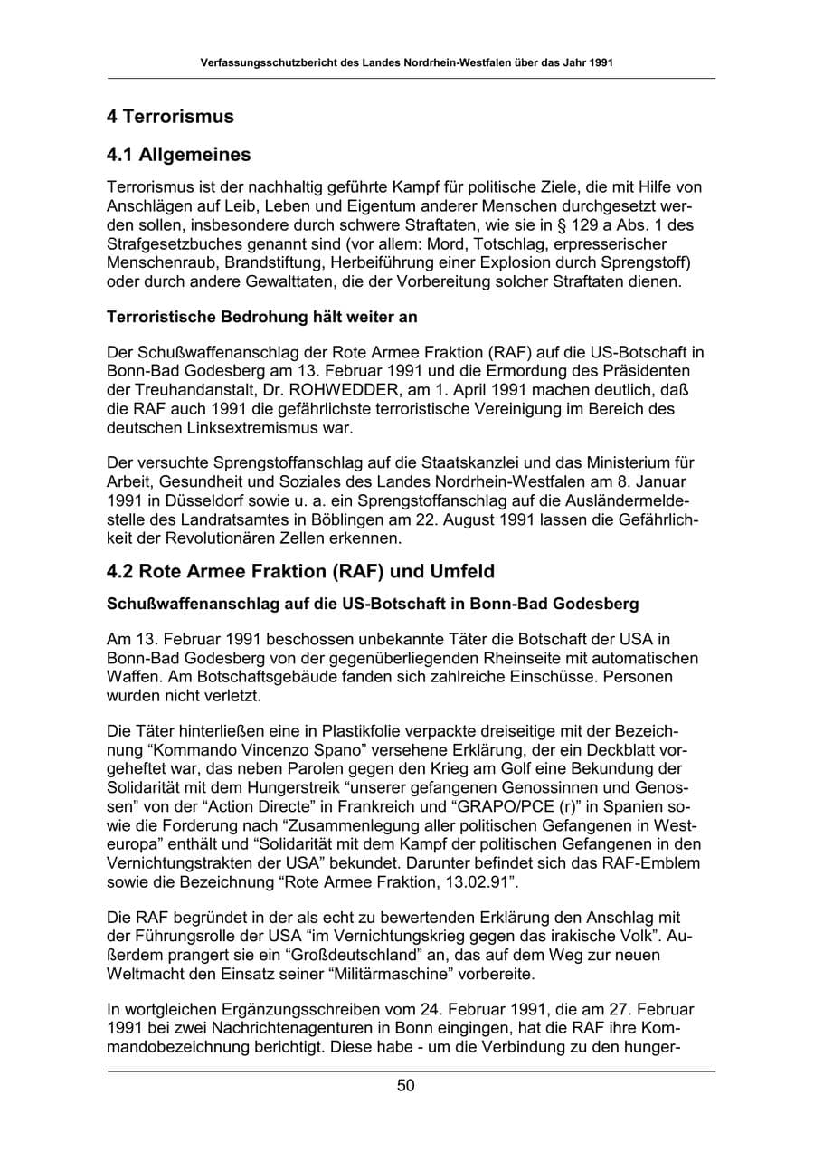 Seite 50 des Verfassungsschutzbericht 1991 Nordrhein-Westfalen