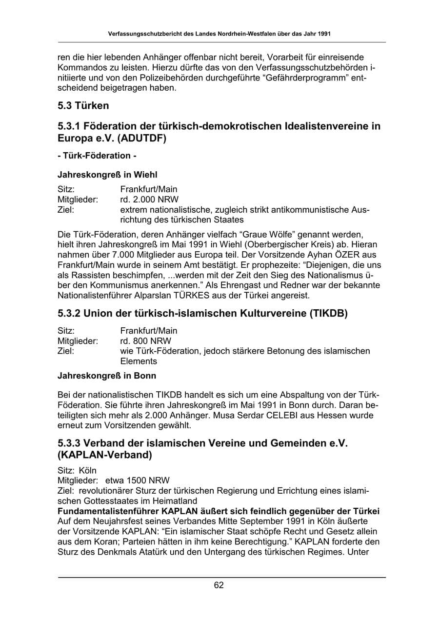 Seite 62 des Verfassungsschutzbericht 1991 Nordrhein-Westfalen