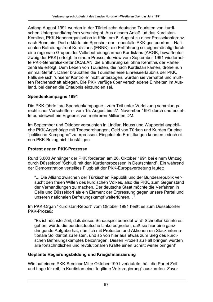 Seite 67 des Verfassungsschutzbericht 1991 Nordrhein-Westfalen