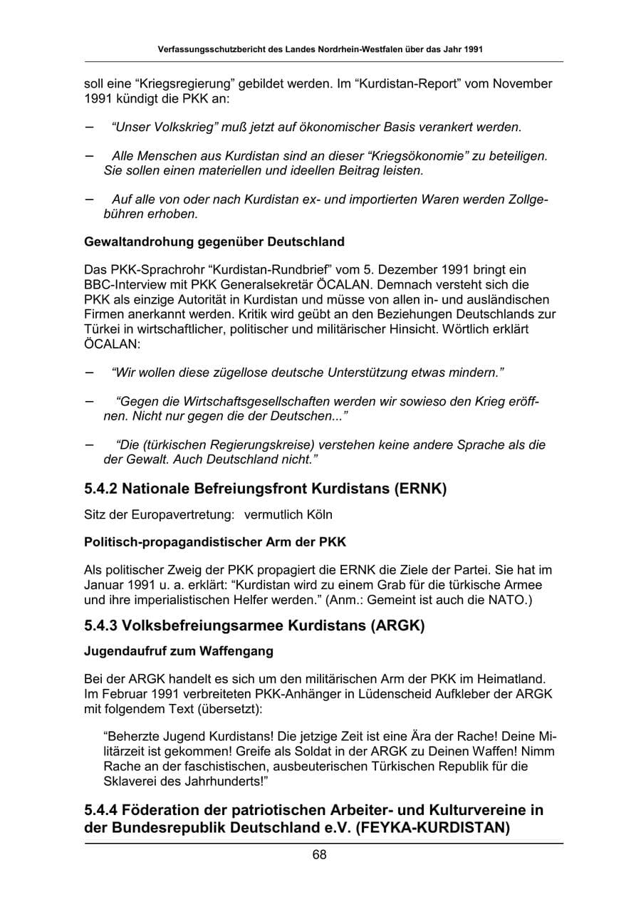 Seite 68 des Verfassungsschutzbericht 1991 Nordrhein-Westfalen
