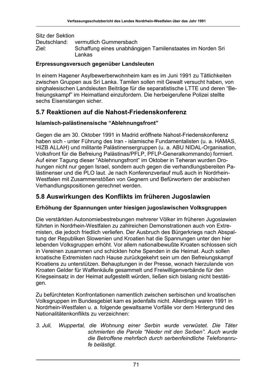 Seite 71 des Verfassungsschutzbericht 1991 Nordrhein-Westfalen