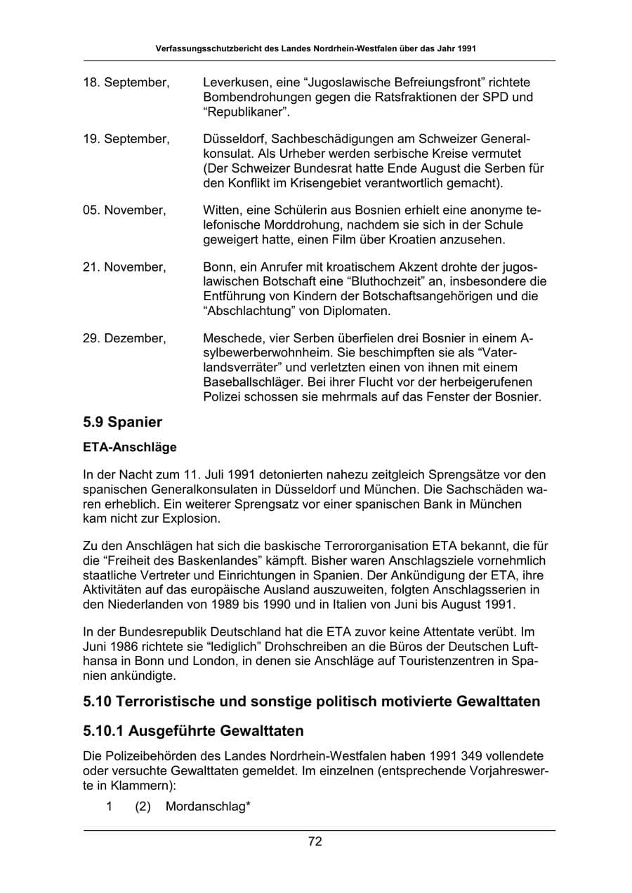 Seite 72 des Verfassungsschutzbericht 1991 Nordrhein-Westfalen