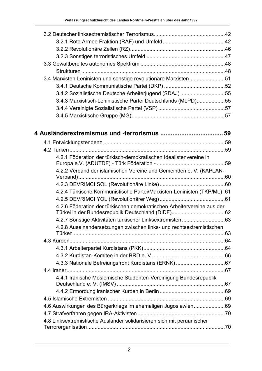 Seite 2 des Verfassungsschutzbericht 1992 Nordrhein-Westfalen
