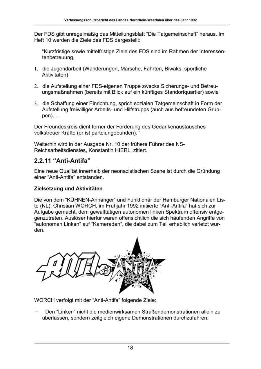 Seite 18 des Verfassungsschutzbericht 1992 Nordrhein-Westfalen
