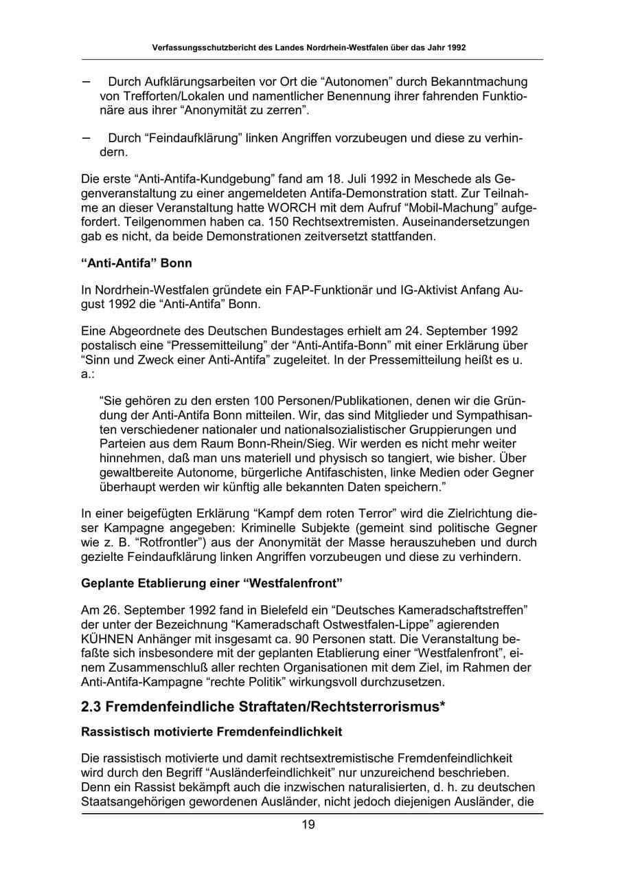 Seite 19 des Verfassungsschutzbericht 1992 Nordrhein-Westfalen