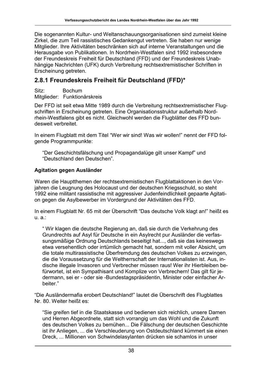 Seite 38 des Verfassungsschutzbericht 1992 Nordrhein-Westfalen