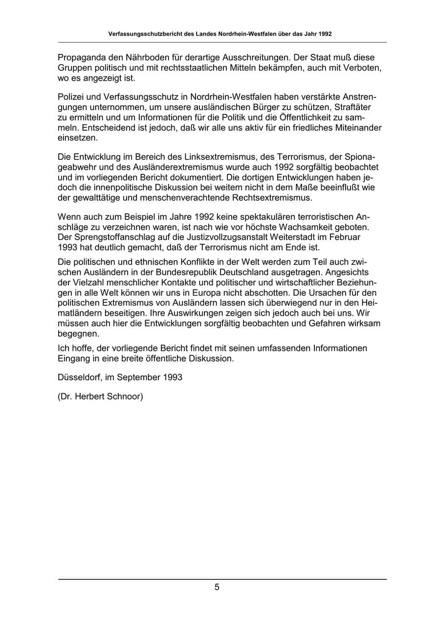 Seite 5 des Verfassungsschutzbericht 1992 Nordrhein-Westfalen