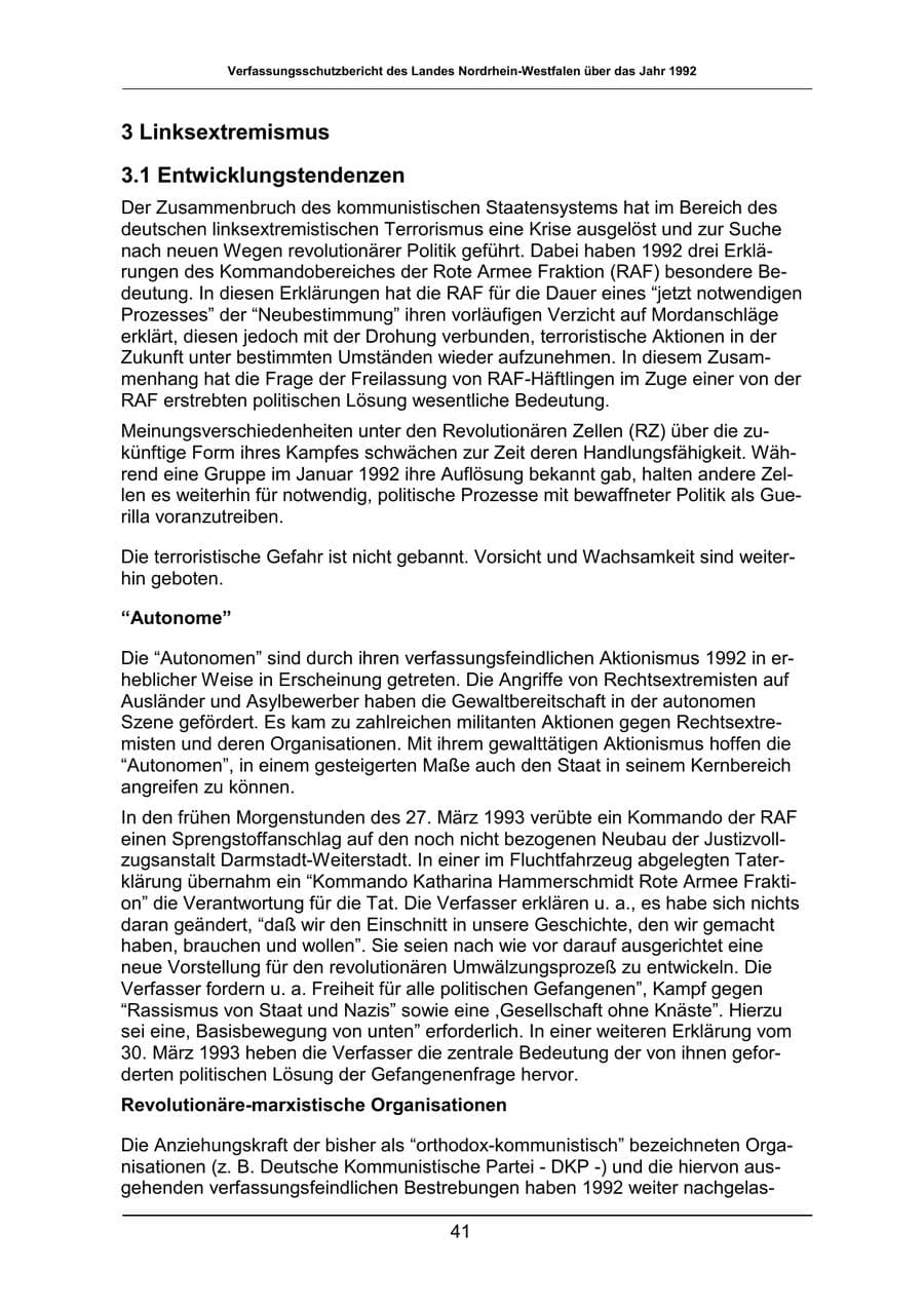 Seite 41 des Verfassungsschutzbericht 1992 Nordrhein-Westfalen
