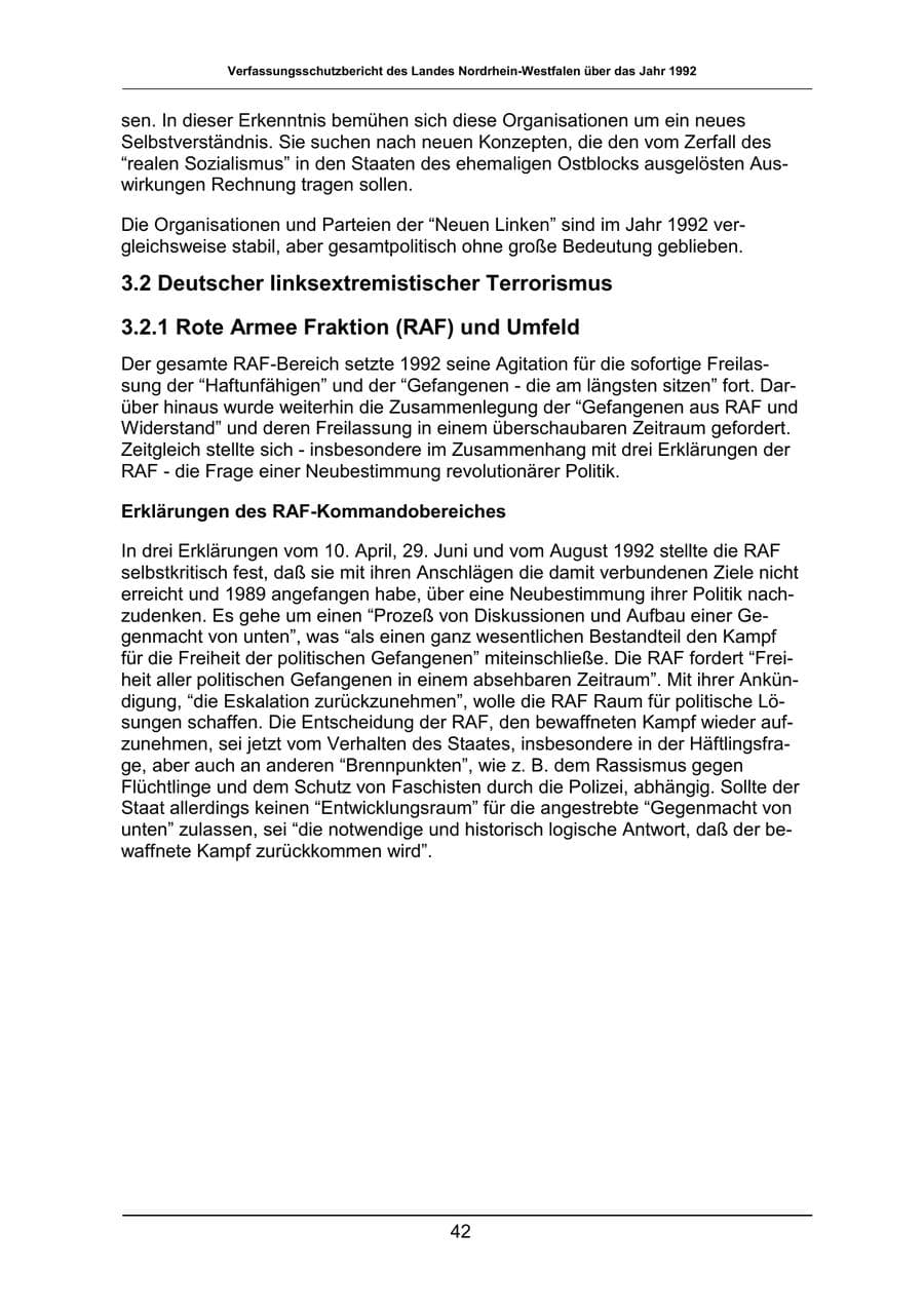 Seite 42 des Verfassungsschutzbericht 1992 Nordrhein-Westfalen