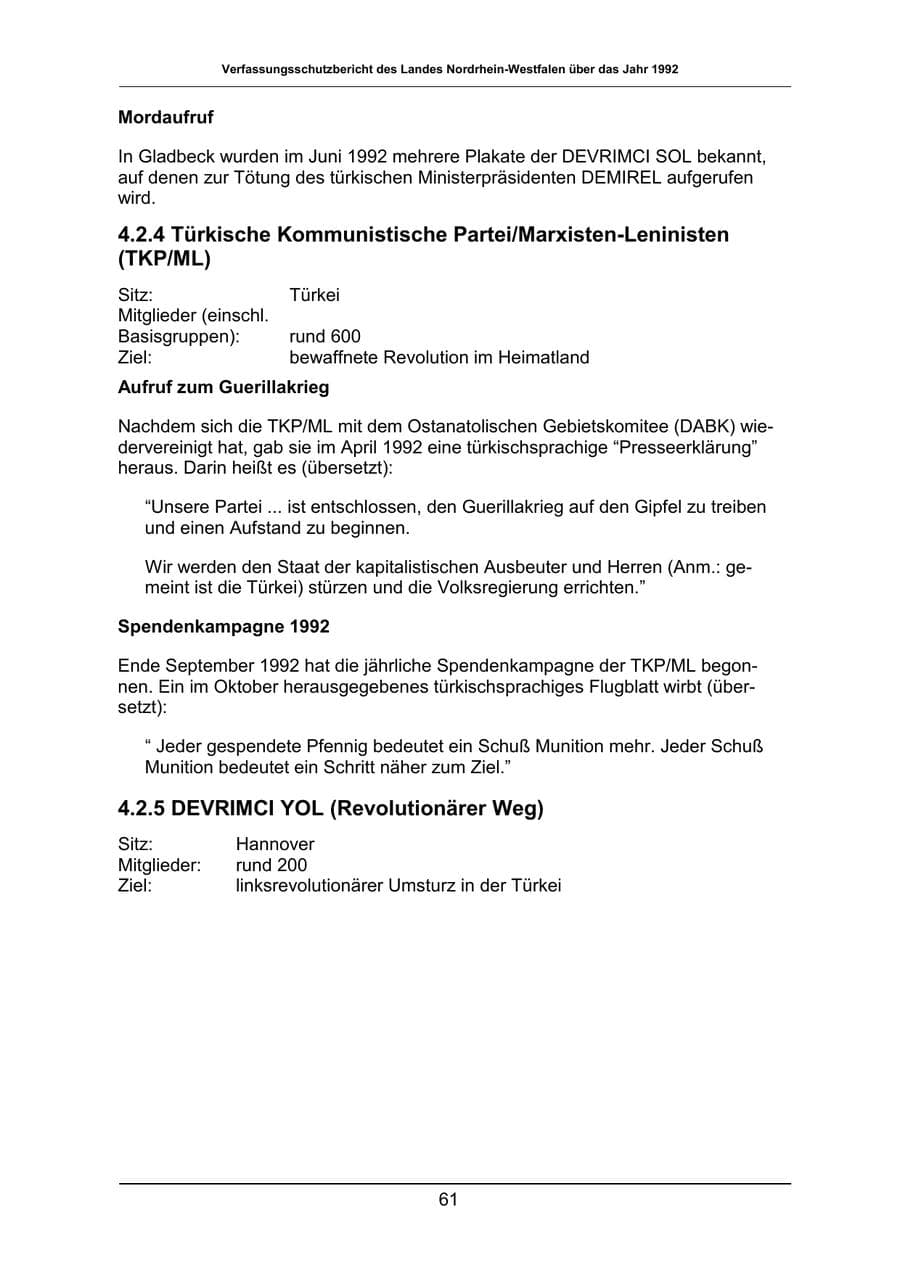 Seite 61 des Verfassungsschutzbericht 1992 Nordrhein-Westfalen