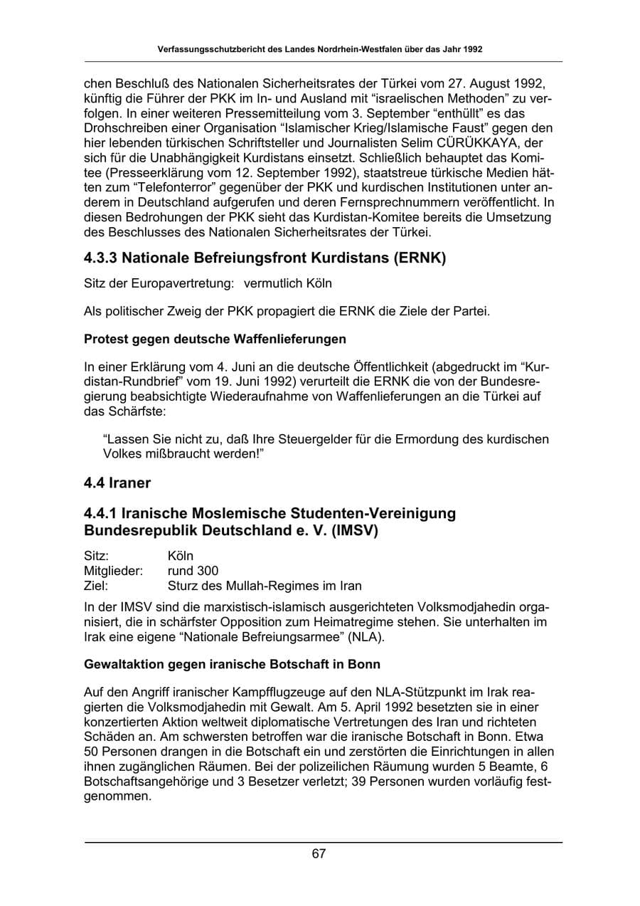 Seite 67 des Verfassungsschutzbericht 1992 Nordrhein-Westfalen