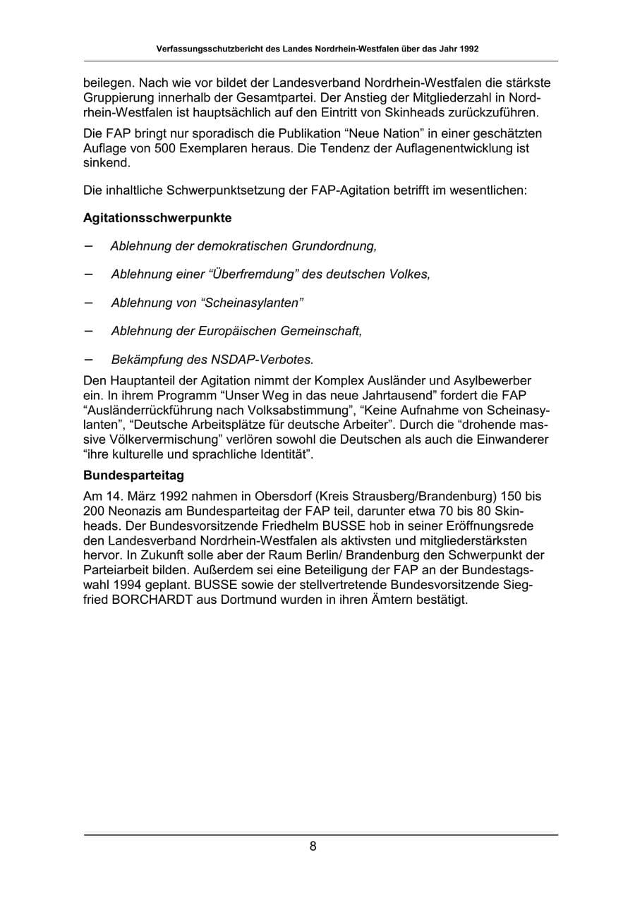 Seite 8 des Verfassungsschutzbericht 1992 Nordrhein-Westfalen
