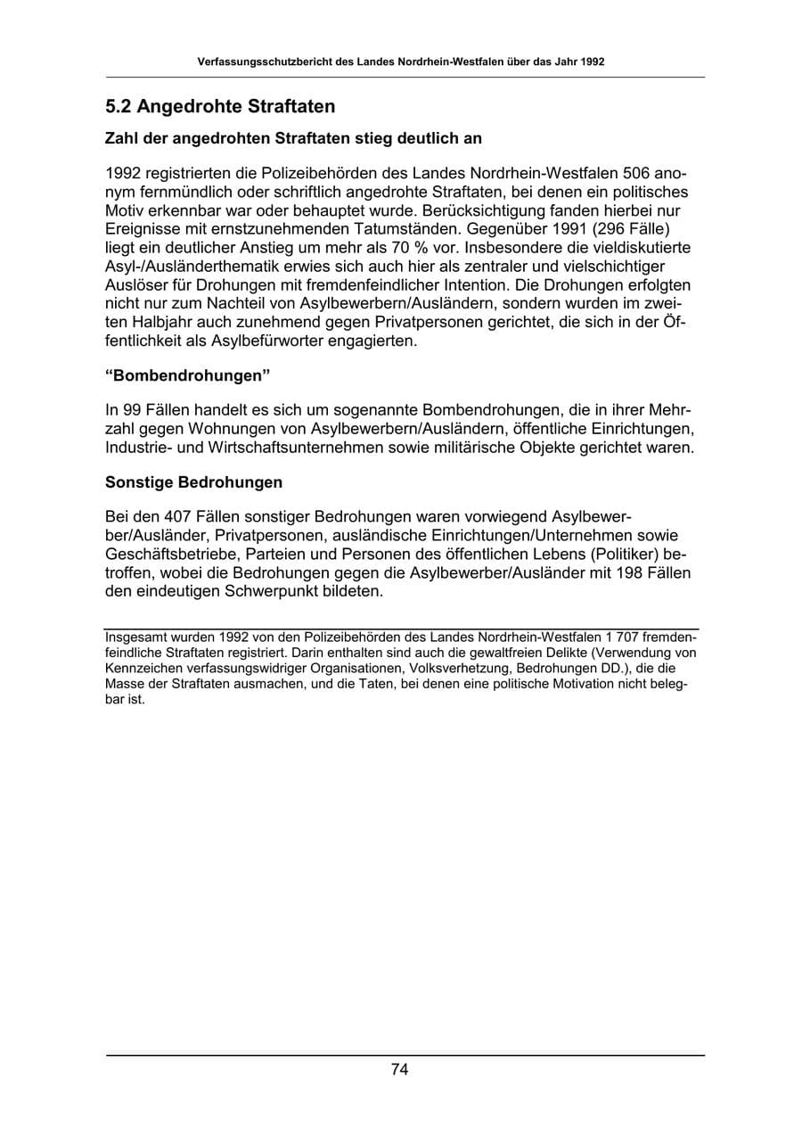 Seite 74 des Verfassungsschutzbericht 1992 Nordrhein-Westfalen