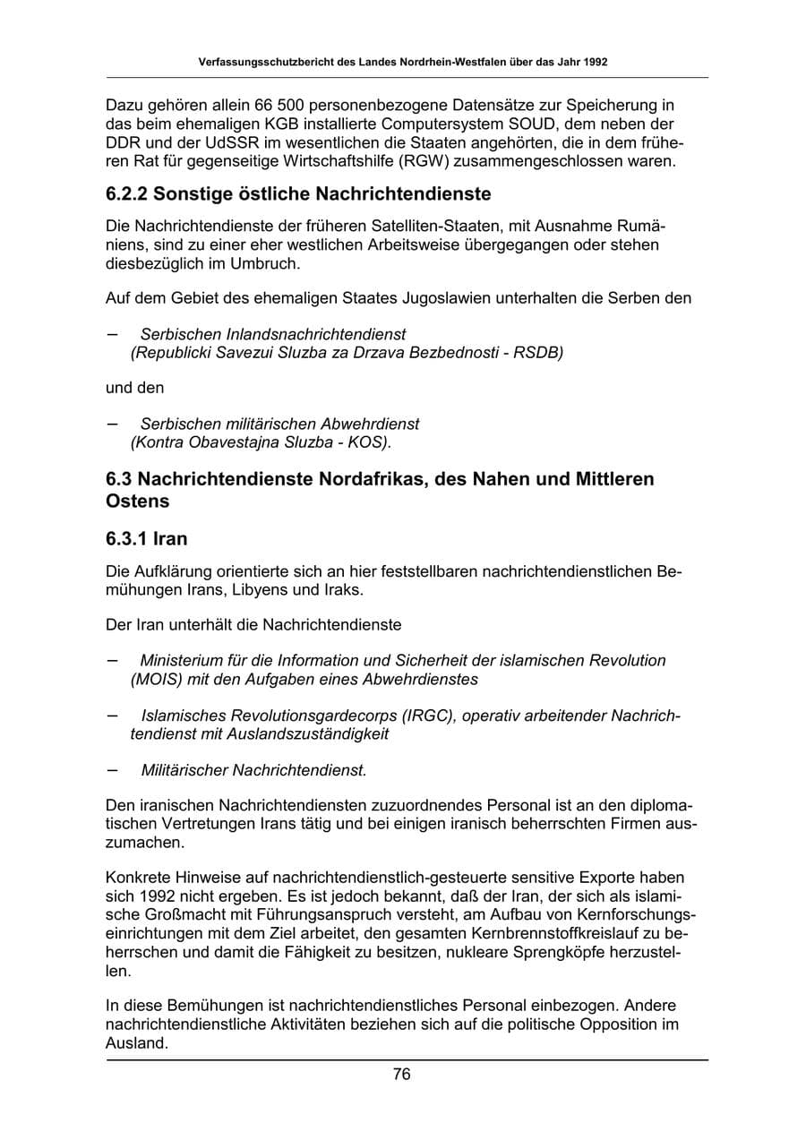 Seite 76 des Verfassungsschutzbericht 1992 Nordrhein-Westfalen