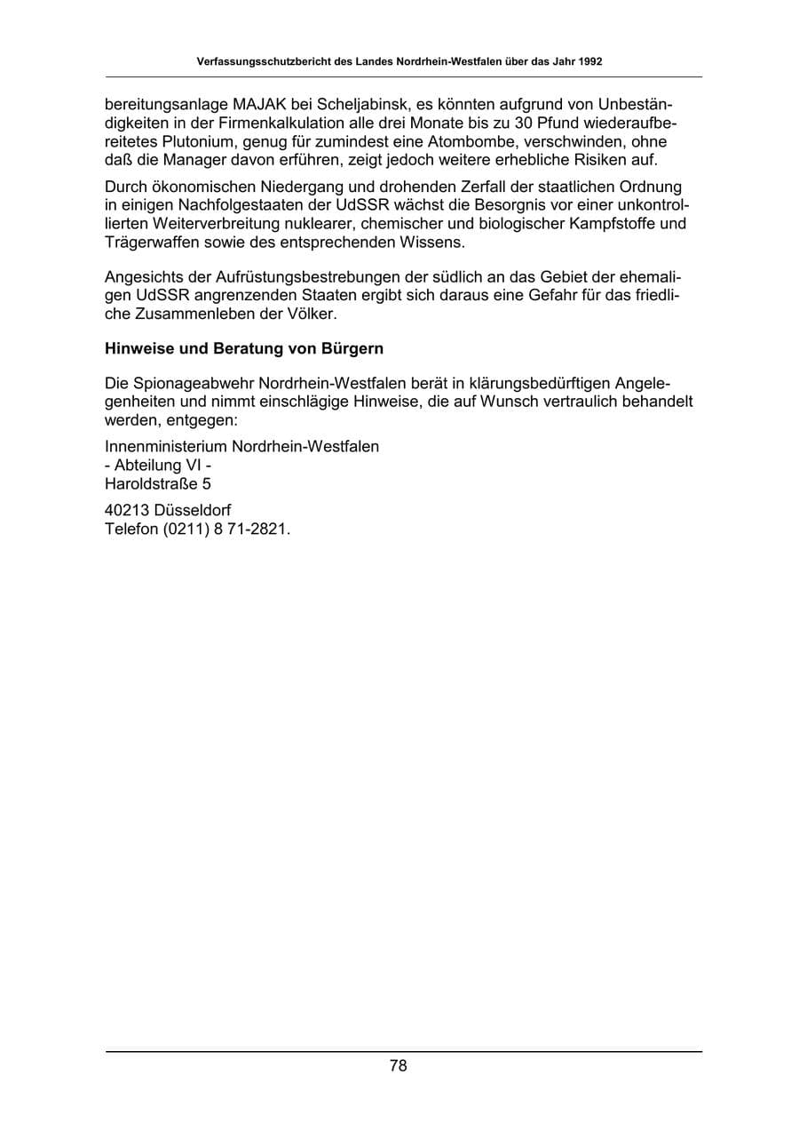 Seite 78 des Verfassungsschutzbericht 1992 Nordrhein-Westfalen