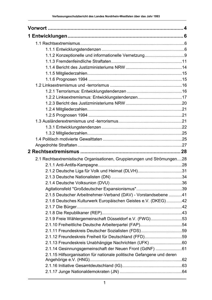 Seite 1 des Verfassungsschutzbericht 1993 Nordrhein-Westfalen