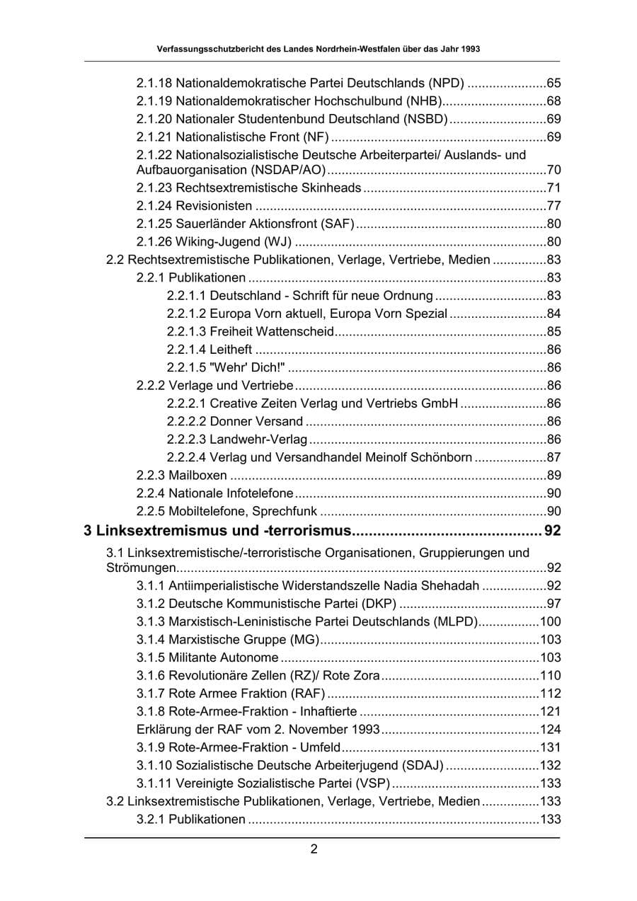 Seite 2 des Verfassungsschutzbericht 1993 Nordrhein-Westfalen