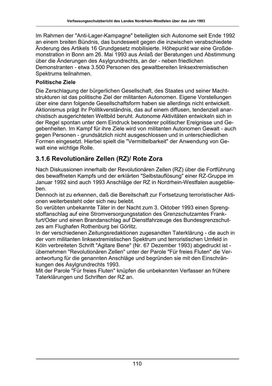 Seite 110 des Verfassungsschutzbericht 1993 Nordrhein-Westfalen