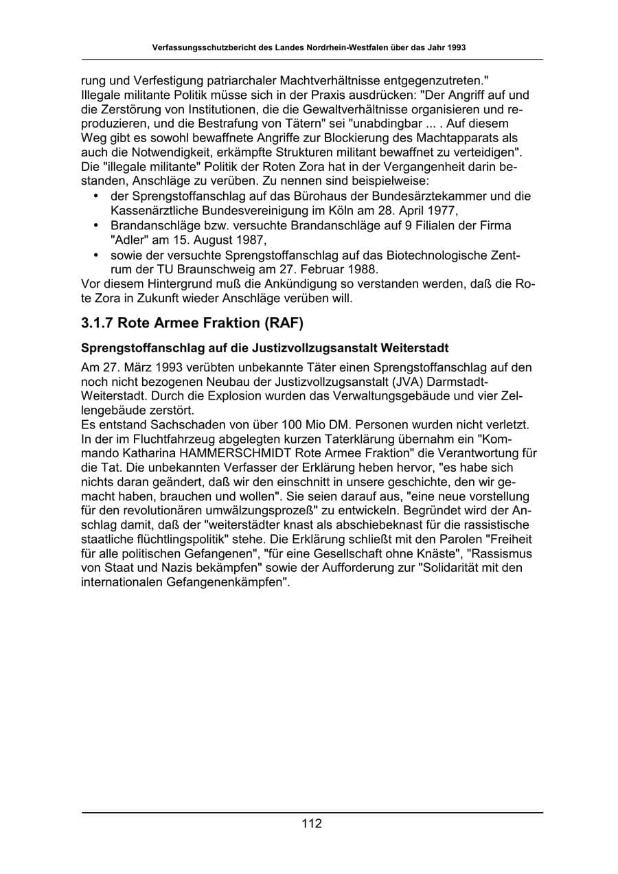Seite 112 des Verfassungsschutzbericht 1993 Nordrhein-Westfalen