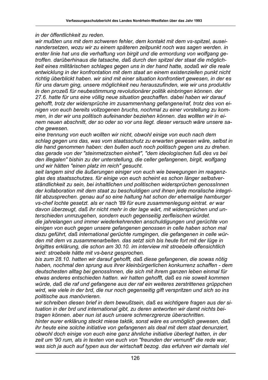 Seite 126 des Verfassungsschutzbericht 1993 Nordrhein-Westfalen