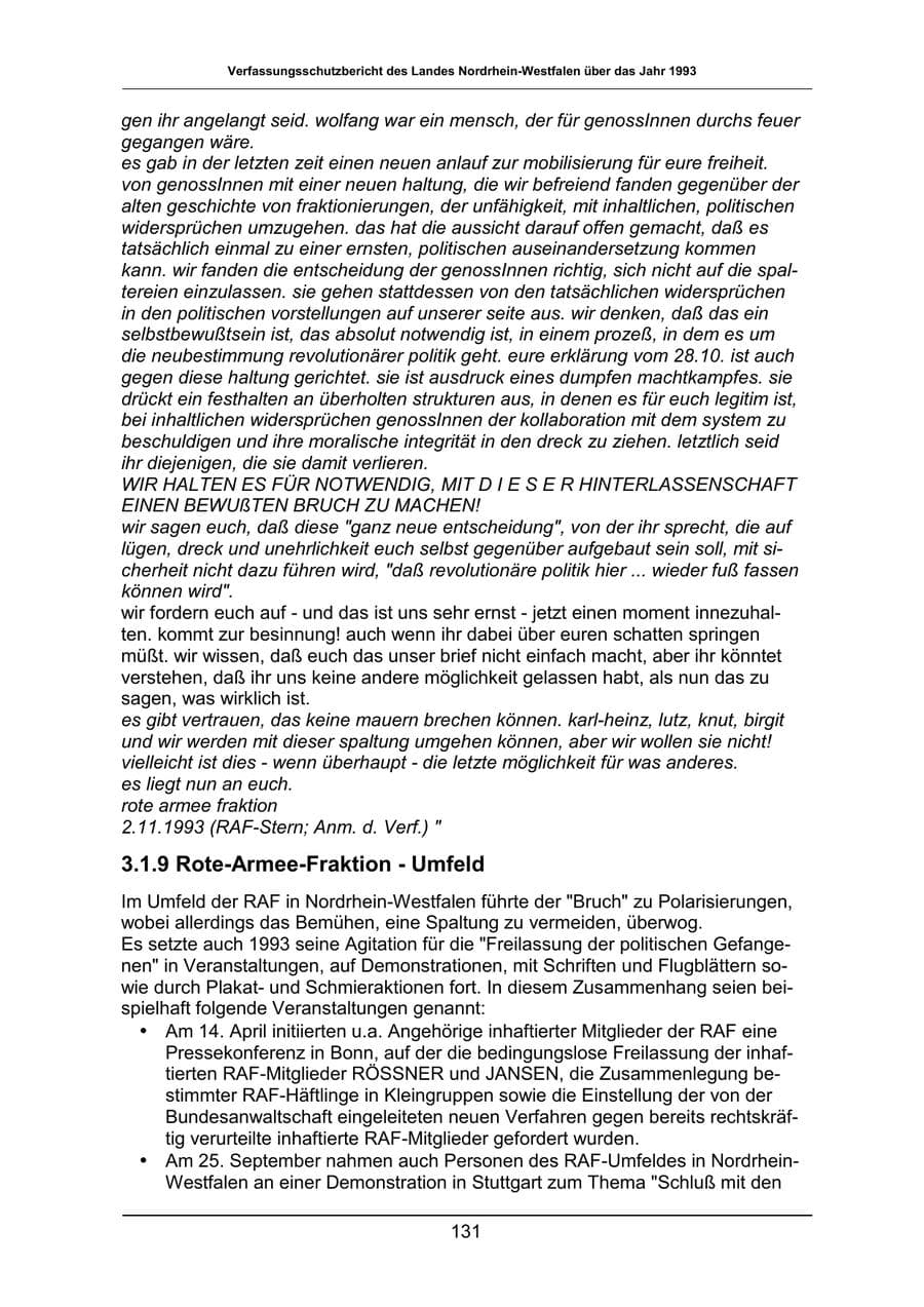 Seite 131 des Verfassungsschutzbericht 1993 Nordrhein-Westfalen