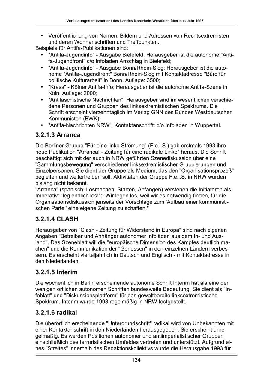 Seite 134 des Verfassungsschutzbericht 1993 Nordrhein-Westfalen